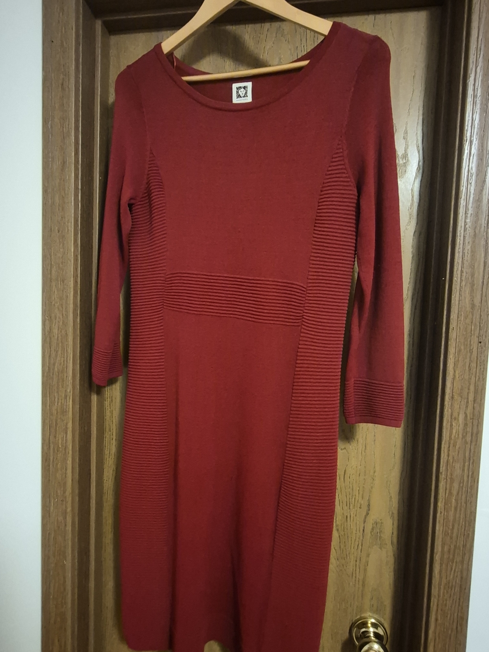 Anne Klein Maroon Long-Sleeve Ribbed Knit Dress